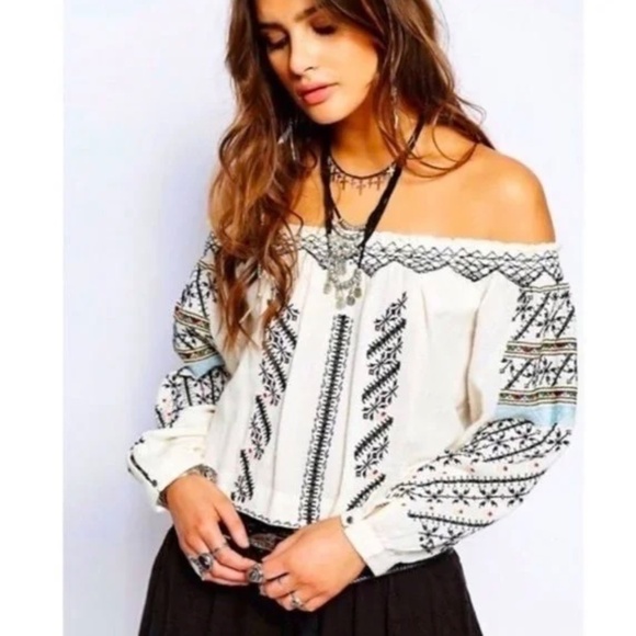 Free People top off shoulder blouse boho embroidered XS - Picture 1 of 4